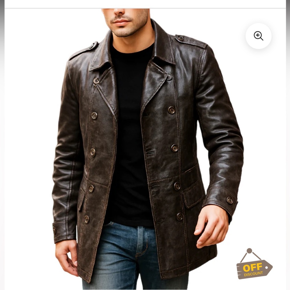 Trendy Retro Style Men's Brown Leather Pea Coat - Stylish Double-Breasted Jacket